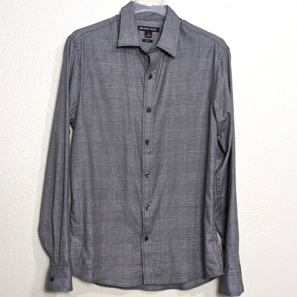 MICHAEL KORS Mens M Slim Fit Shirt Button Front Black White Business Casual